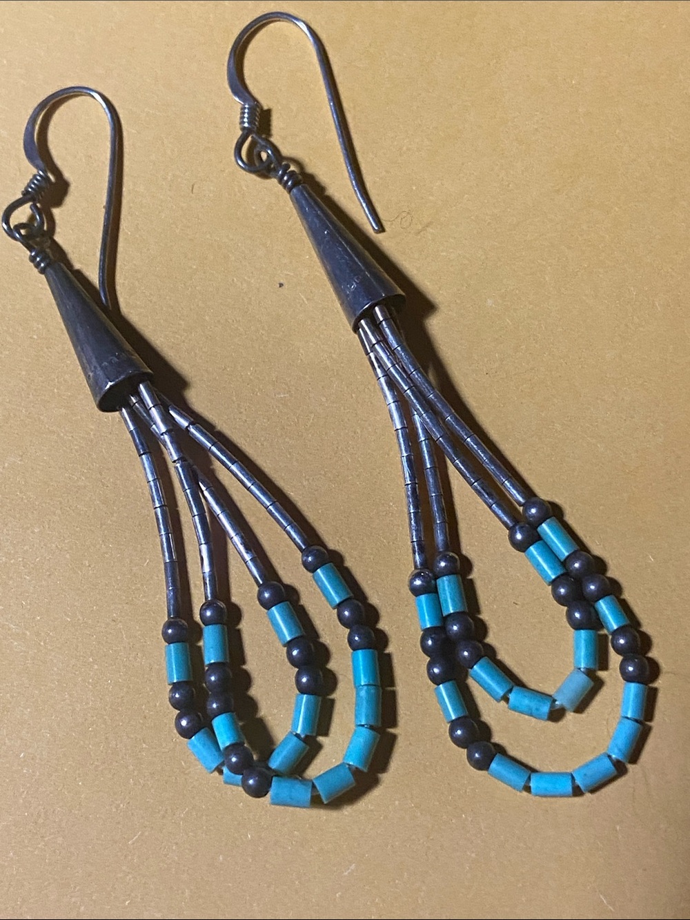 VTG Native American-style Liquid Silver & Turquoise Drop 2 Loop Dangle Earrings